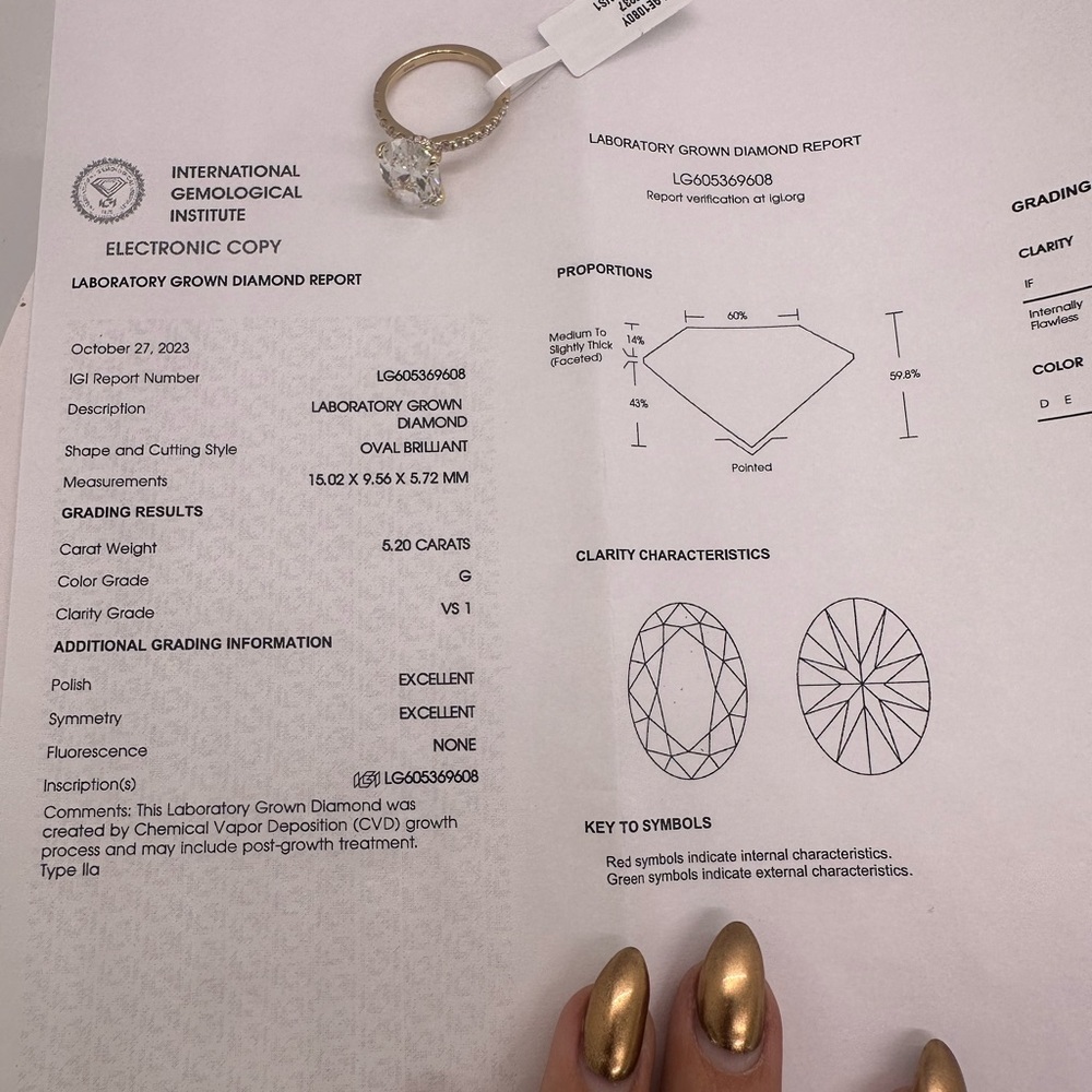 5.20 carat g vs1 oval diamond engagement ring pavé band yellow gold - Picture 4 of 10